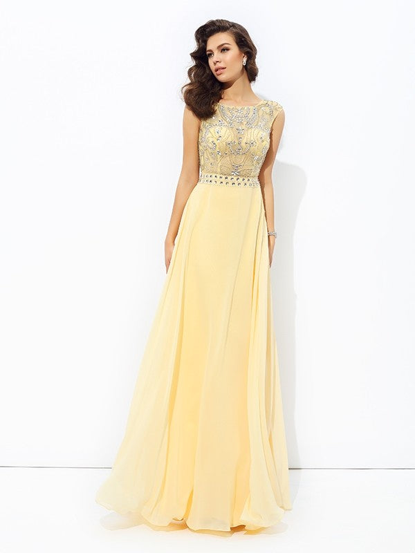 A-line/Princess Bateau Beading Sleeveless Long Chiffon Dresses