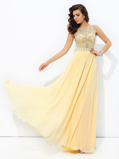 A-line/Princess Bateau Beading Sleeveless Long Chiffon Dresses