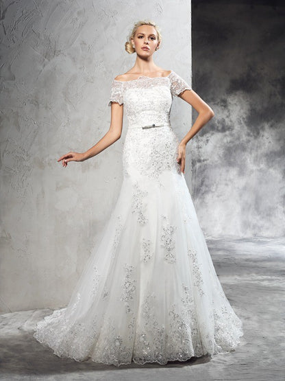 Sheath/Column Off-the-Shoulder Applique Short Sleeves Long Net Wedding Dresses