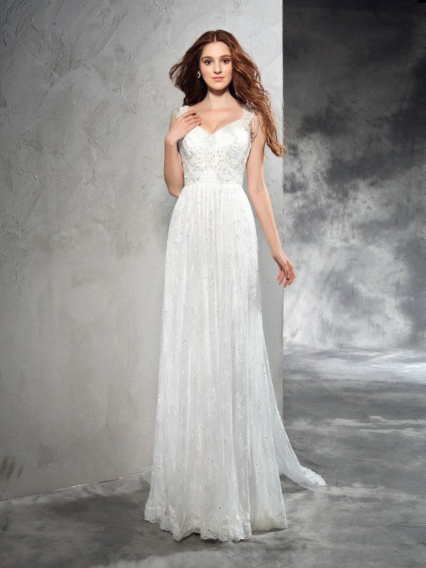 A-Line/Princess Straps Lace Sleeveless Long Lace Wedding Dresses