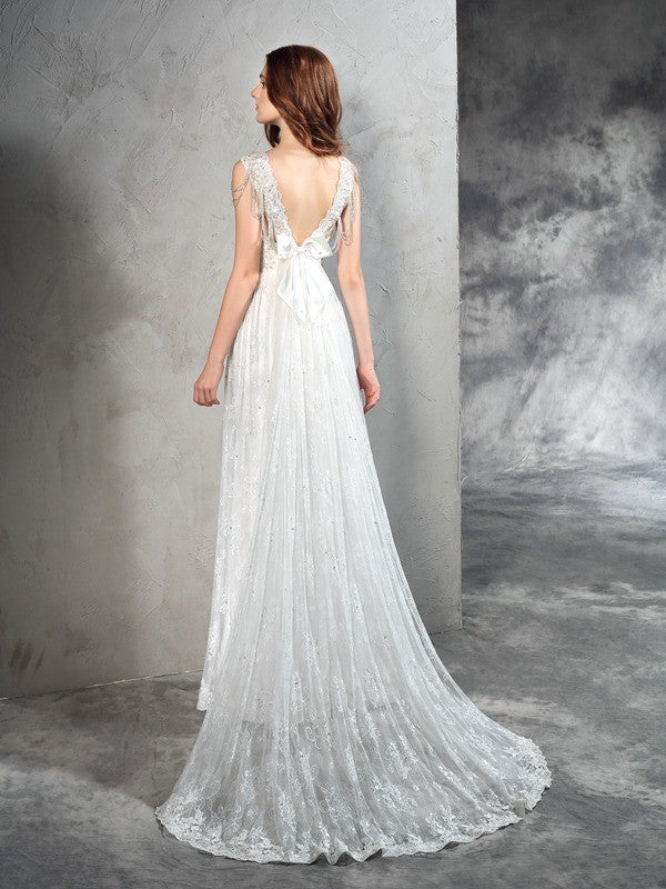 A-Line/Princess Straps Lace Sleeveless Long Lace Wedding Dresses