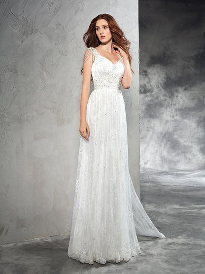 A-Line/Princess Straps Lace Sleeveless Long Lace Wedding Dresses