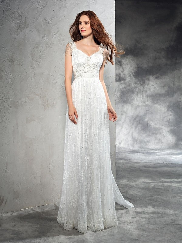 A-Line/Princess Straps Lace Sleeveless Long Lace Wedding Dresses