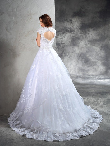 Ball Gown Sweetheart Lace Sleeveless Long Organza Wedding Dresses