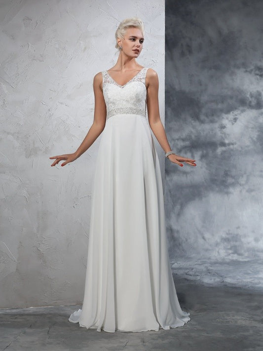 A-Line/Princess V-neck Beading Sleeveless Long Chiffon Wedding Dresses