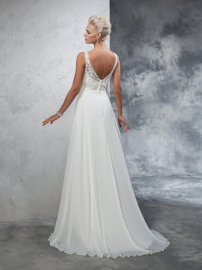 A-Line/Princess V-neck Beading Sleeveless Long Chiffon Wedding Dresses