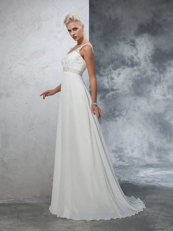 A-Line/Princess V-neck Beading Sleeveless Long Chiffon Wedding Dresses