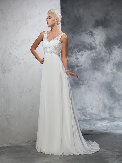 A-Line/Princess V-neck Beading Sleeveless Long Chiffon Wedding Dresses