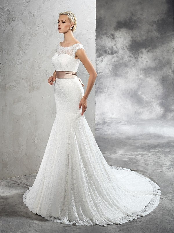 Sheath/Column Sheer Neck Sash/Ribbon/Belt Sleeveless Long Lace Wedding Dresses