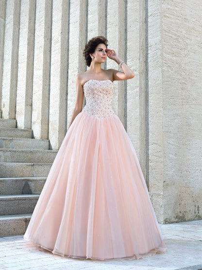 Ball Gown Strapless Beading Sleeveless Long Satin Wedding Dresses