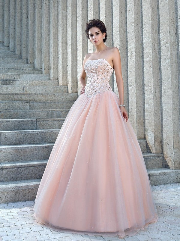 Ball Gown Strapless Beading Sleeveless Long Satin Wedding Dresses