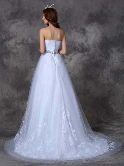 A-line/Princess Sweetheart Beading Sleeveless Long Satin Wedding Dresses