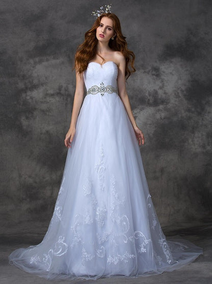 A-line/Princess Sweetheart Beading Sleeveless Long Satin Wedding Dresses