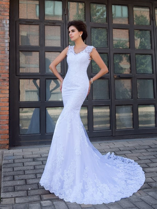 Trumpet/Mermaid V-neck Applique Sleeveless Long Satin Wedding Dresses