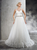 A-Line/Princess Sheer Neck Beading Sleeveless Long Net Wedding Dresses