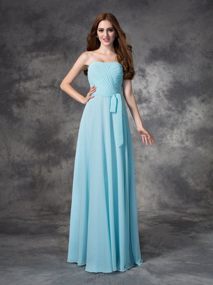 A-line/Princess Strapless Ruched Sleeveless Long Chiffon Bridesmaid Dresses