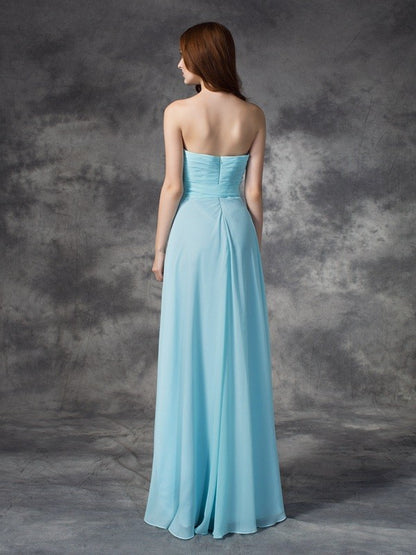 A-line/Princess Strapless Ruched Sleeveless Long Chiffon Bridesmaid Dresses