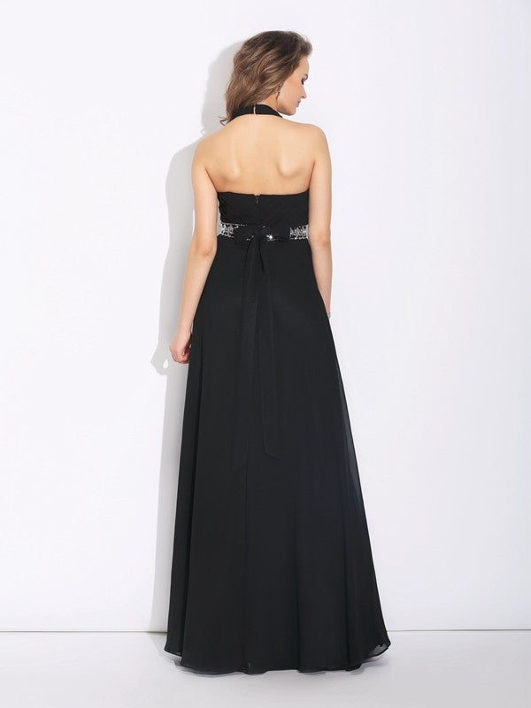 A-Line/Princess Halter Beading Sleeveless Long Chiffon Bridesmaid Dresses