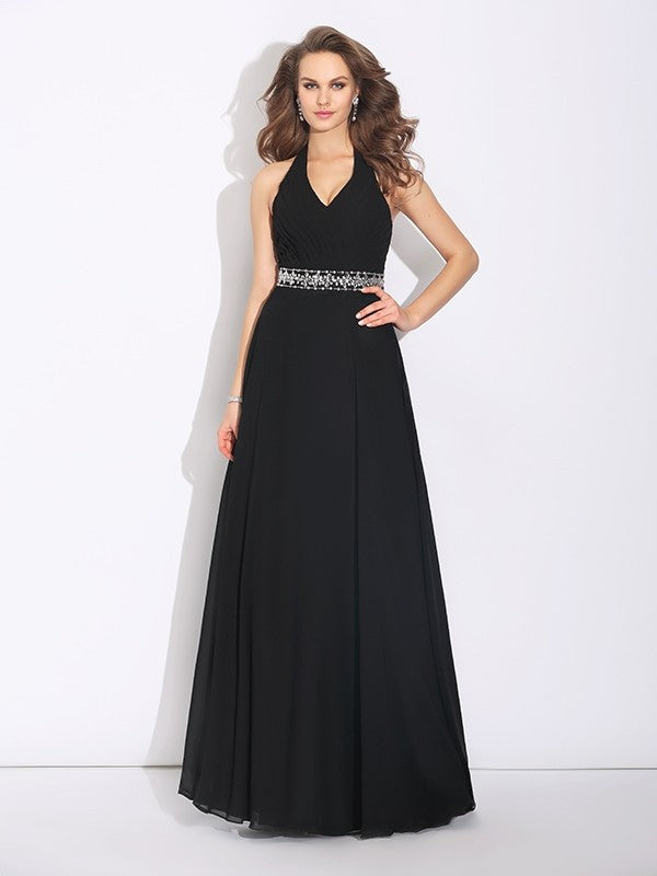 A-Line/Princess Halter Beading Sleeveless Long Chiffon Bridesmaid Dresses