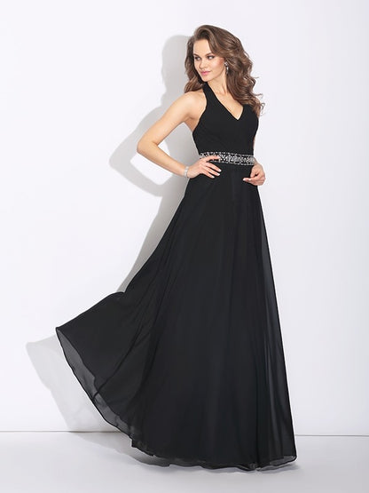 A-Line/Princess Halter Beading Sleeveless Long Chiffon Bridesmaid Dresses