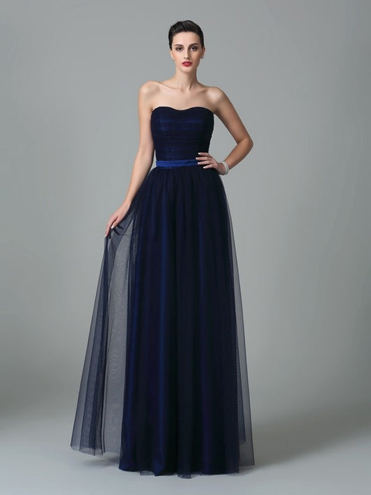 A-Line/Princess Sweetheart Ruffles Sleeveless Long Net Bridesmaid Dresses