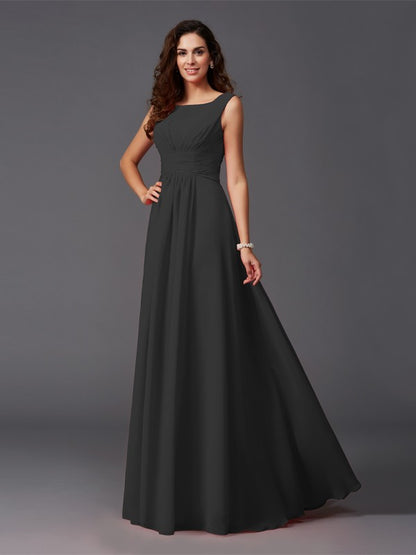 A-Line/Princess Scoop Ruffles Sleeveless Long Chiffon Bridesmaid Dresses