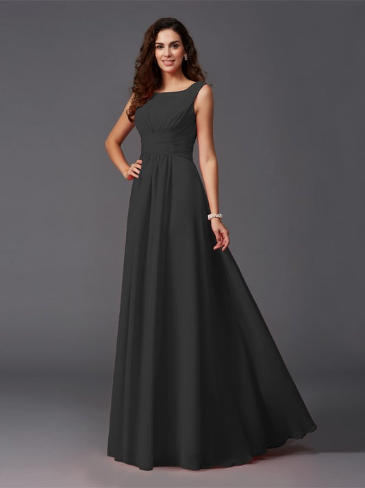 A-Line/Princess Scoop Ruffles Sleeveless Long Chiffon Bridesmaid Dresses