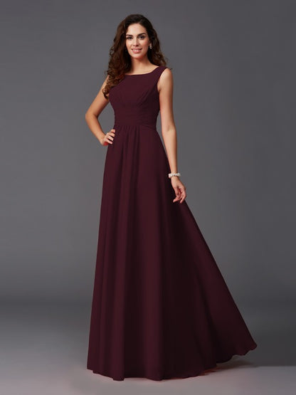 A-Line/Princess Scoop Ruffles Sleeveless Long Chiffon Bridesmaid Dresses