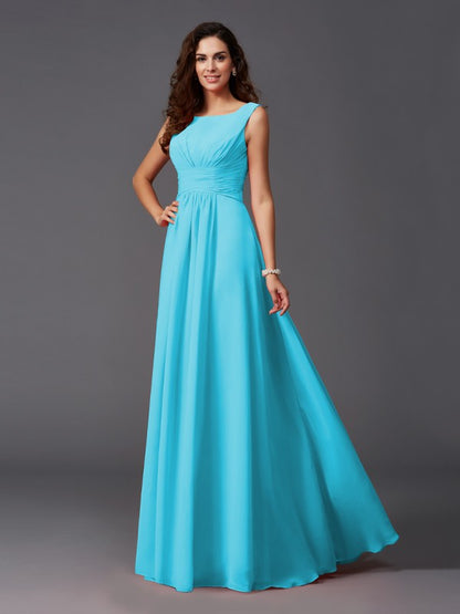 A-Line/Princess Scoop Ruffles Sleeveless Long Chiffon Bridesmaid Dresses