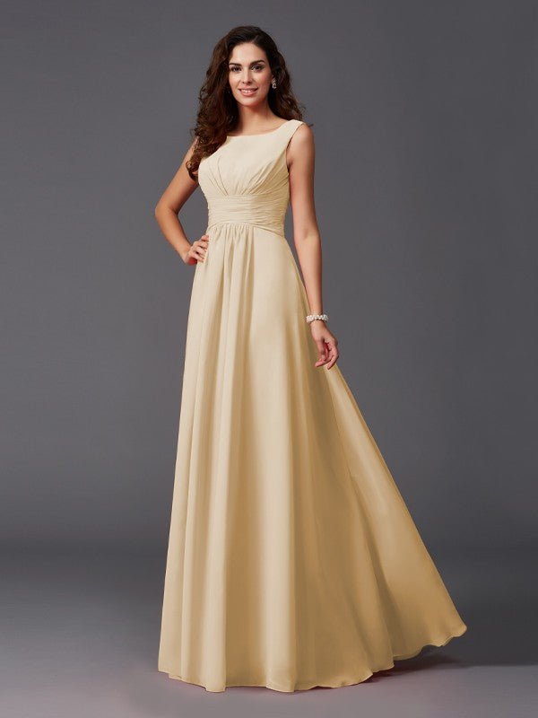 A-Line/Princess Scoop Ruffles Sleeveless Long Chiffon Bridesmaid Dresses