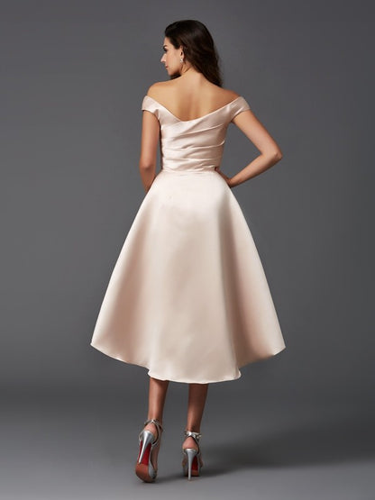 A-Line/Princess Off-the-Shoulder Sleeveless High Low Satin Bridesmaid Dresses