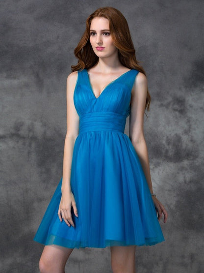 A-line/Princess V-neck Sleeveless Short Satin Bridesmaid Dresses