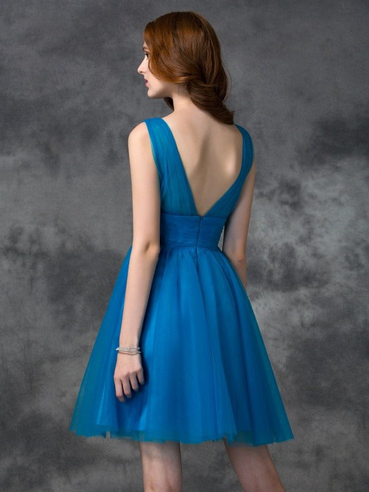 A-line/Princess V-neck Sleeveless Short Satin Bridesmaid Dresses