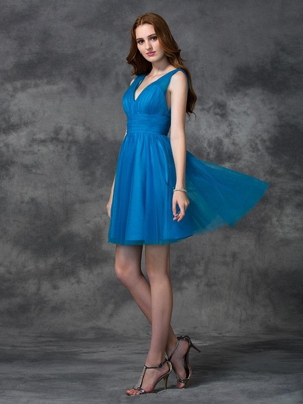 A-line/Princess V-neck Sleeveless Short Satin Bridesmaid Dresses