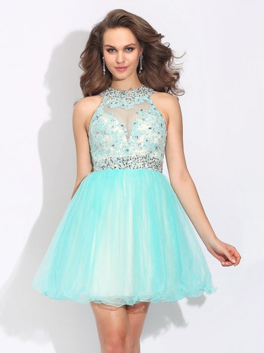 A-Line/Princess High Neck Lace Sleeveless Short Net Dresses