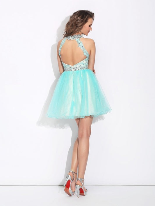 A-Line/Princess High Neck Lace Sleeveless Short Net Dresses