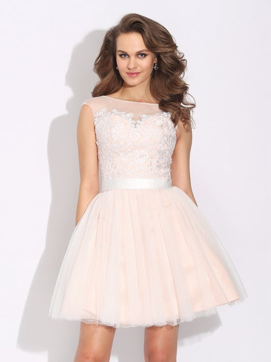 Save A-Line/Princess Bateau Ruffles Short Sleeves Short Net Dresses