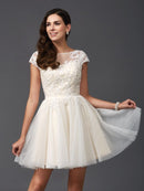 A-Line/Princess Scoop Applique Short Sleeves Short Satin Dresses