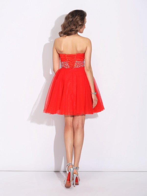 A-Line/Princess Sweetheart Rhinestone Sleeveless Short Net Dresses