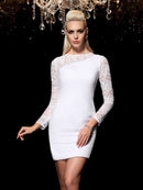 Sheath/Column Scoop Lace Long Sleeves Short  Woven Satin Cocktail Dresses