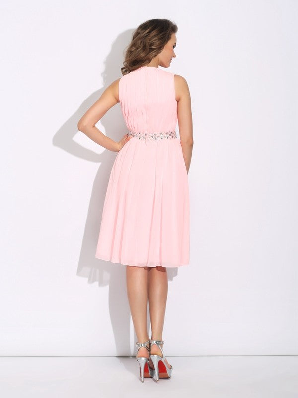 A-Line/Princess Jewel Ruffles Sleeveless Short Chiffon Dresses