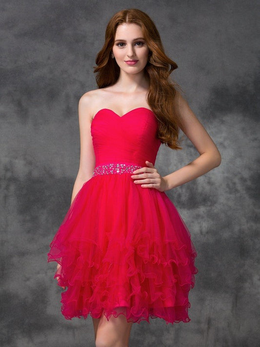 A-line/Princess Sweetheart Beading Sleeveless Short Satin Cocktail Dresses