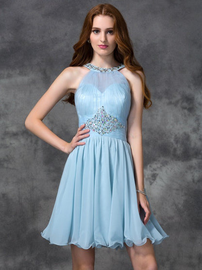 A-line/Princess Scoop Beading Sleeveless Short Chiffon Cocktail Dresses