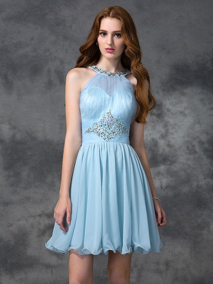 A-line/Princess Scoop Beading Sleeveless Short Chiffon Cocktail Dresses