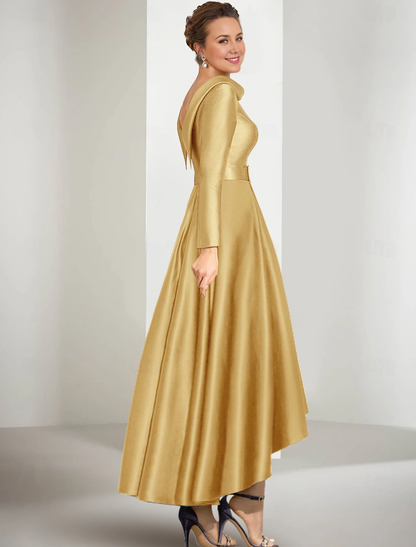 Mother of the Groom / Bride Dress A-Line Jewel Neck Asymmetrical Satin Long Sleeve Sash Elegant Fall November Wedding Guest Dress