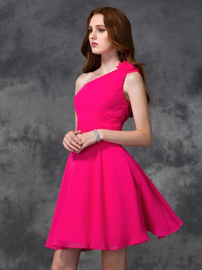 A-line/Princess One-Shoulder Hand-Made Flower Sleeveless Short Chiffon Dresses