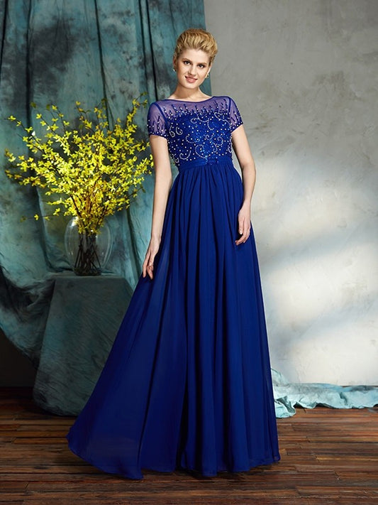 A-Line/Princess Scoop Beading Short Sleeves Long Chiffon Mother of the Bride Dresses