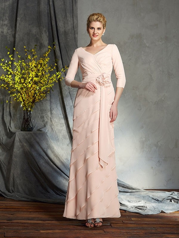 A-Line/Princess Scoop Applique 3/4 Sleeves Long Chiffon Mother of the Bride Dresses