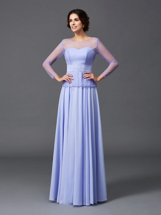 A-Line/Princess Scoop Ruffles Long Sleeves Long Chiffon Mother of the Bride Dresses