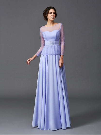 A-Line/Princess Scoop Ruffles Long Sleeves Long Chiffon Mother of the Bride Dresses